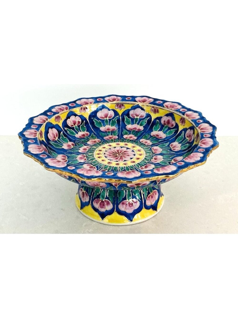 Colorful Thai Benjarong Lotus Pedestal Bowl Enamel Porcelain Compote 7.25 in